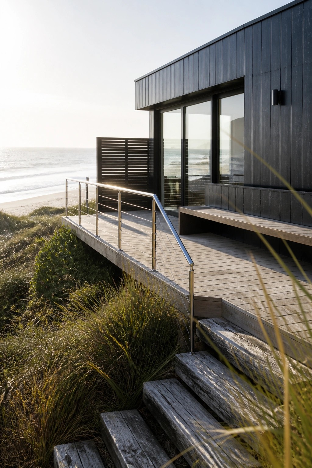 Modern house with dark horizontal siding, large glass doors, and a wooden deck with metal railing overlooking the ocean.