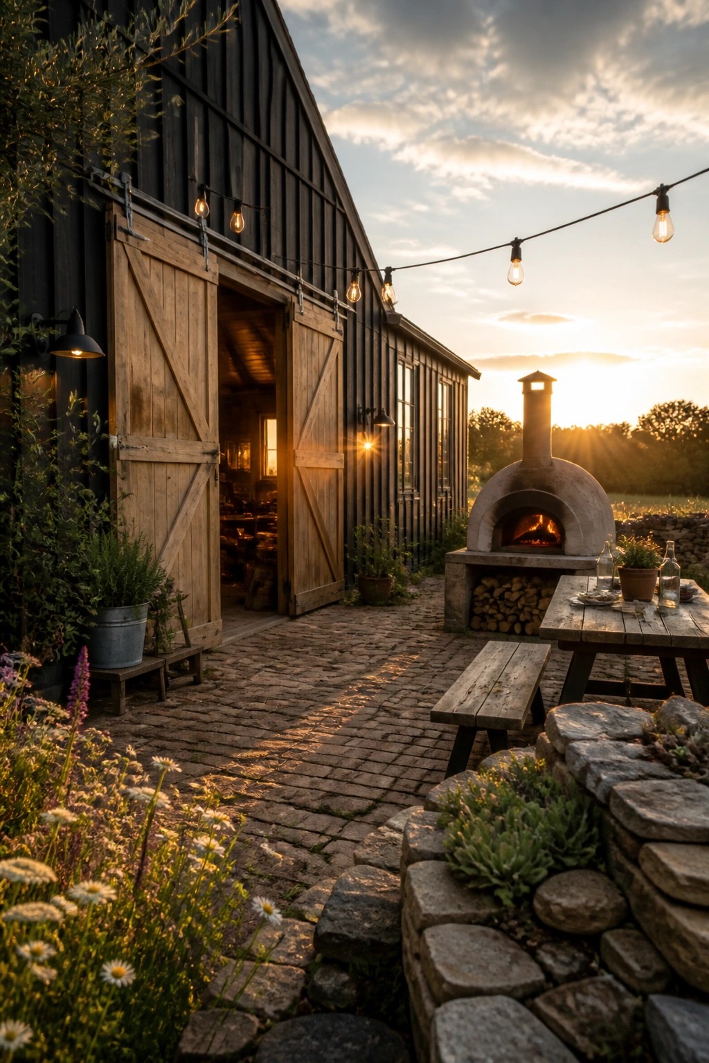 A black barn-style house with open wooden doors, a stone pizza oven, string lights, and a cobblestone path at sunset.
