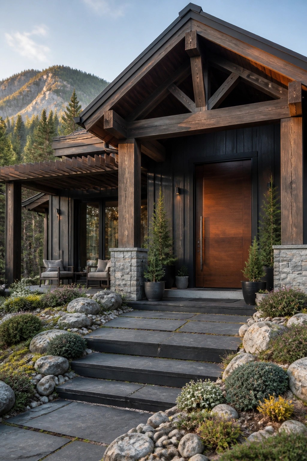 A front view of a modern house with dark wood siding, a large brown wooden door, stone pillars, and a stone pathway leading to the entrance.