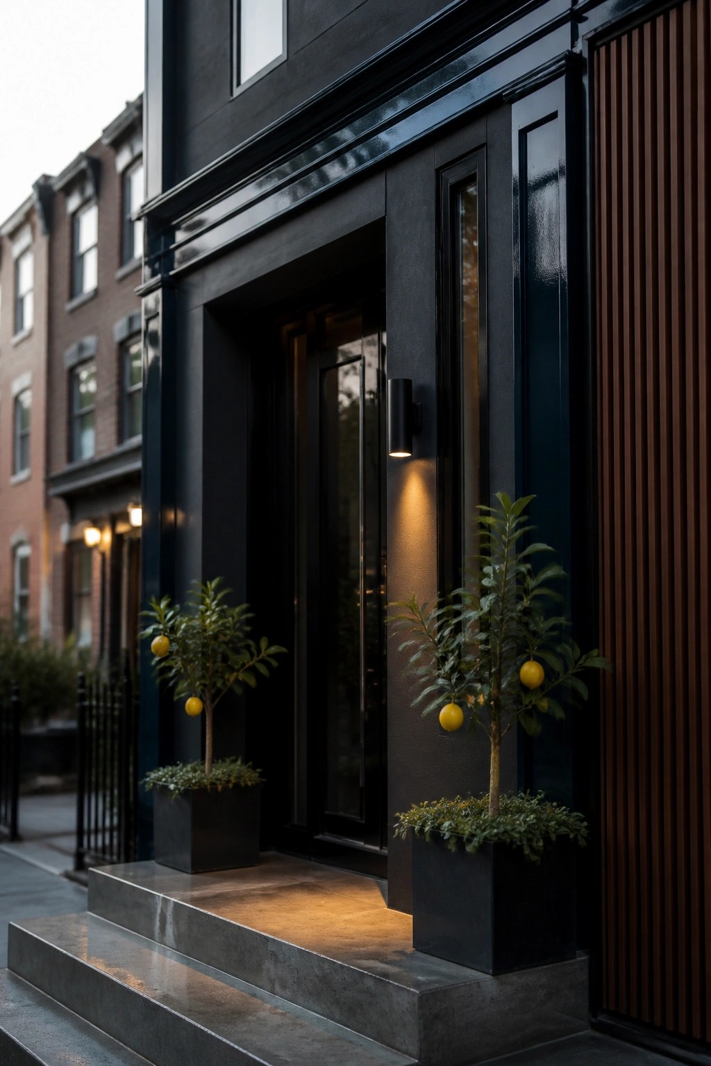 A close view of a house entrance painted deep black, with a dark door, wall sconce, concrete steps, and two potted lemon trees flanking the doorway.