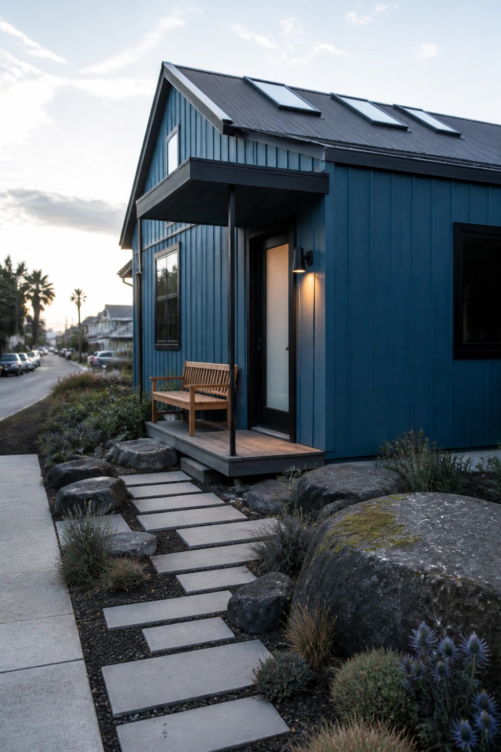 Modern blue tiny home with skylights, porch bench, and stone pathway garden