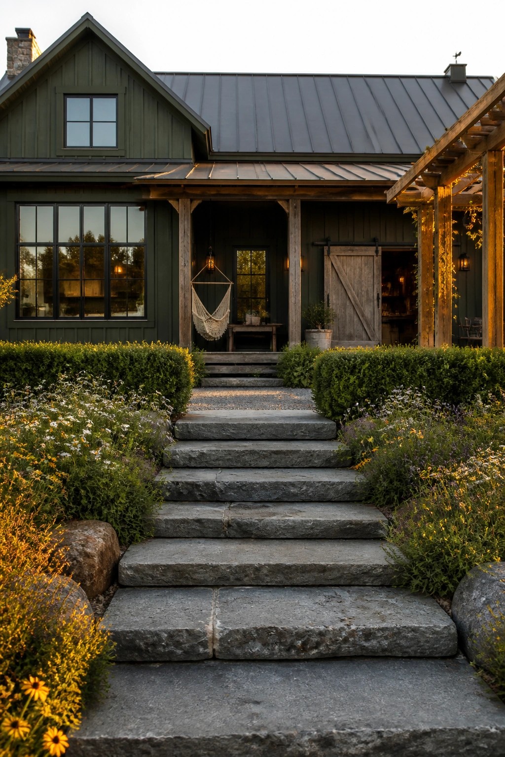 A two-story house with dark green siding, a dark metal roof, stone steps, and a front porch with a hanging chair.