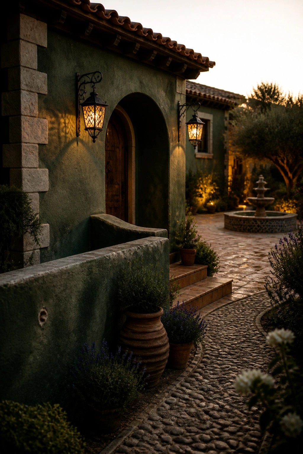 A green stucco house exterior featuring an arched wooden door, stone corner details, two black metal lanterns, potted plants, and a cobblestone path beside a stone fountain.