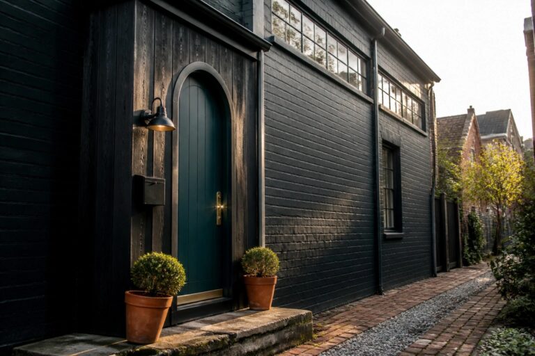 A dark wood-sided house features a teal arched front door on concrete steps with two potted shrubs beside a brick pathway.