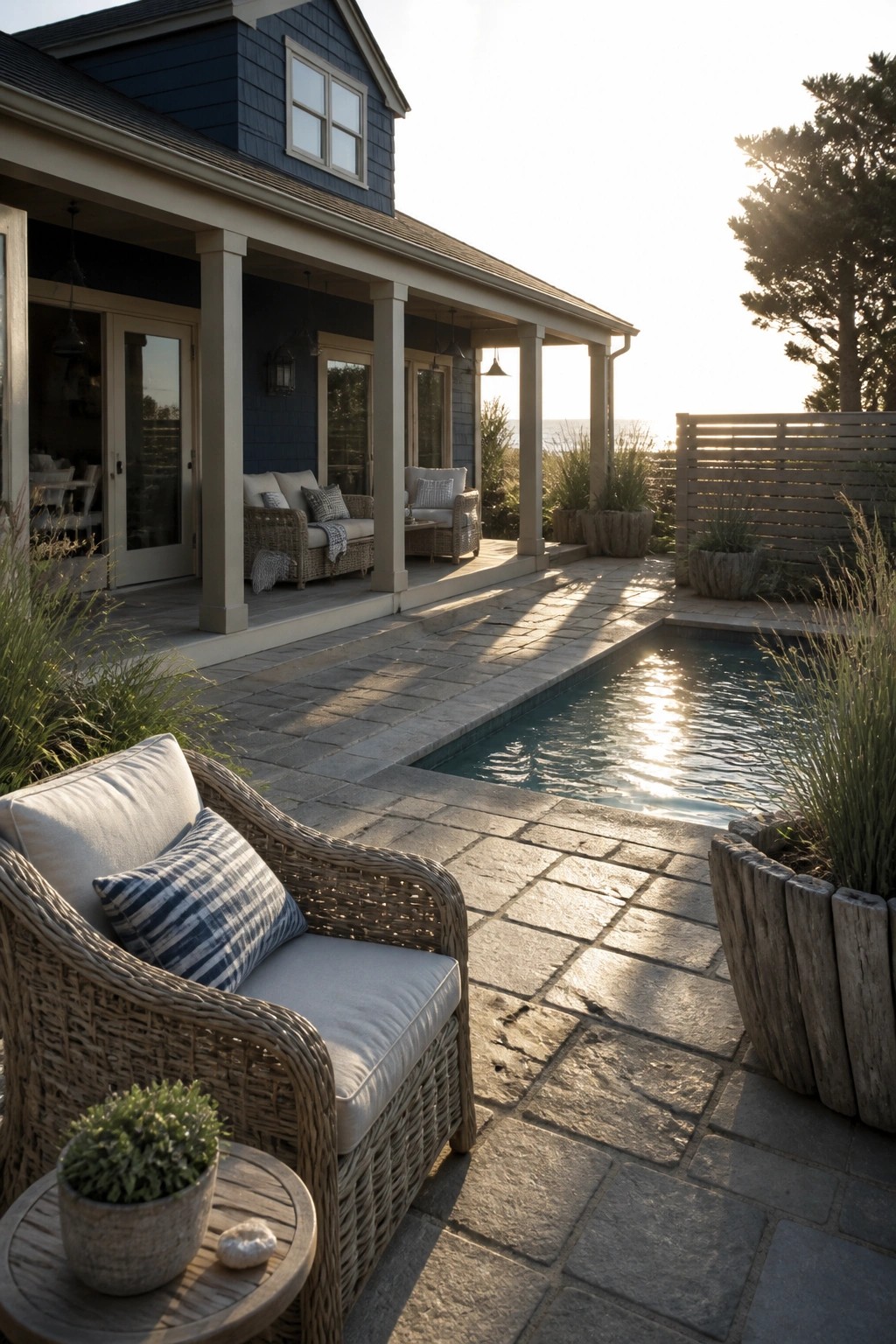 A two-story house with dark blue shingle siding, white trim, a covered porch with columns, and a rectangular pool on a stone patio.