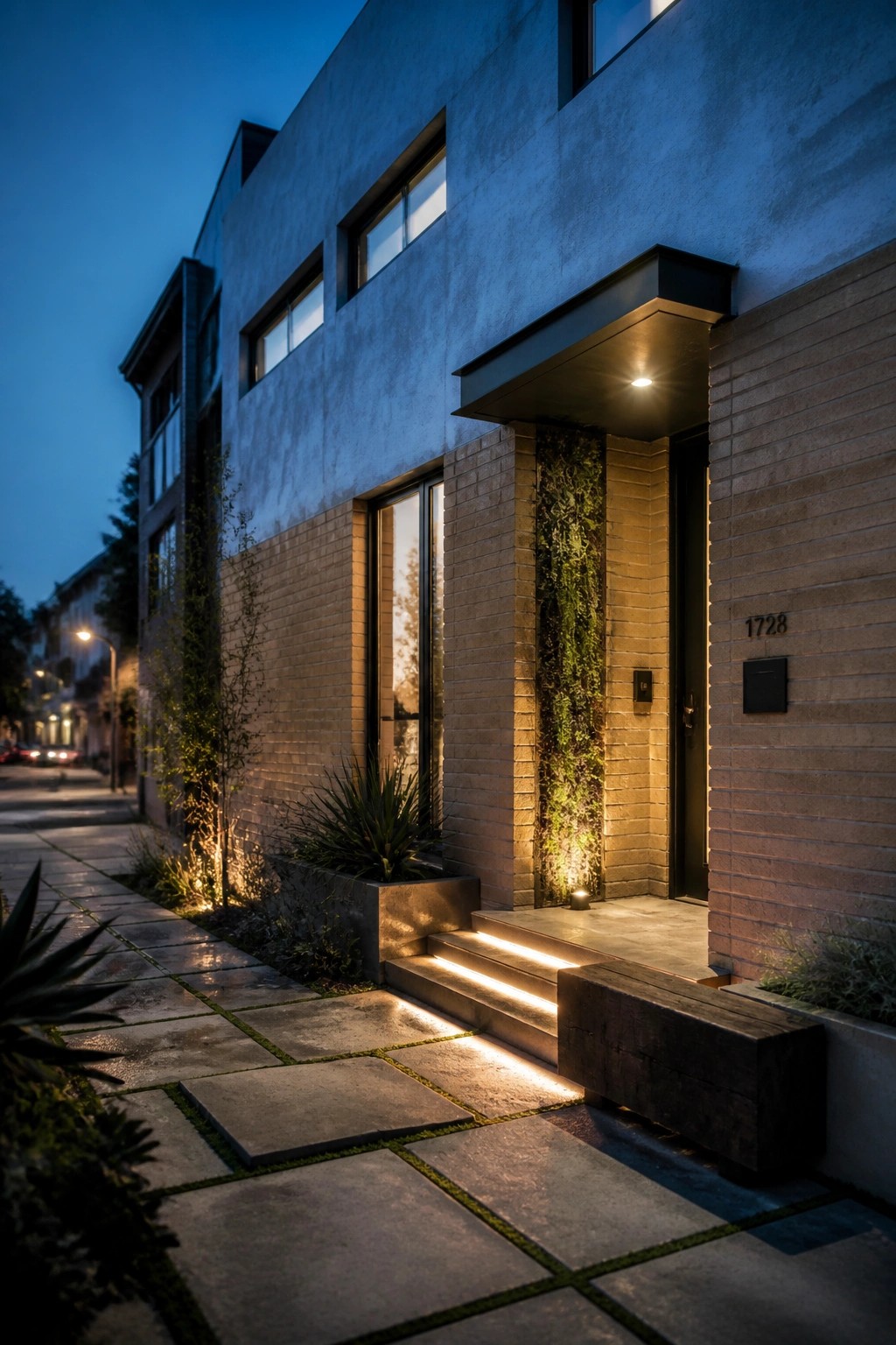 A modern house exterior with a smooth gray upper facade and light brown brick on the lower half, shown at dusk with lit steps and an entryway.