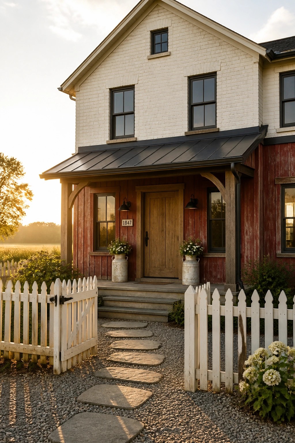 White brick farmhouse with red siding, white picket fence, stone path at sunset.