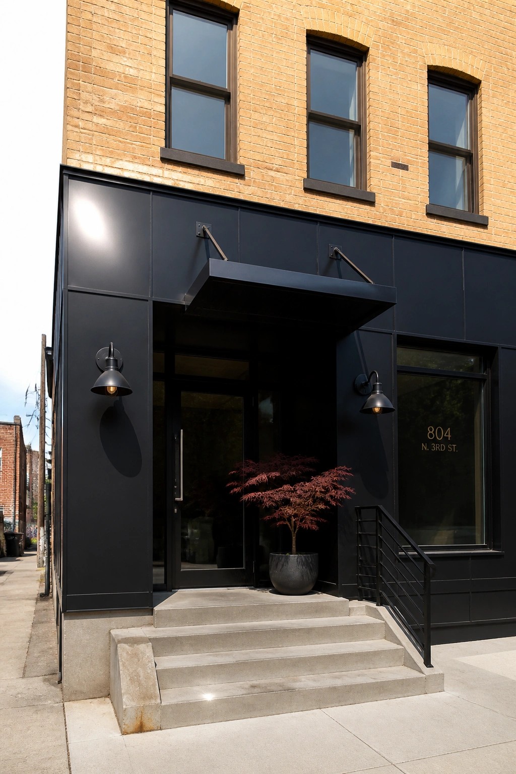 A two-story building with black metal panels covering the lower facade and tan brick on the upper level, centered around a black-framed entrance with concrete steps and a potted tree.