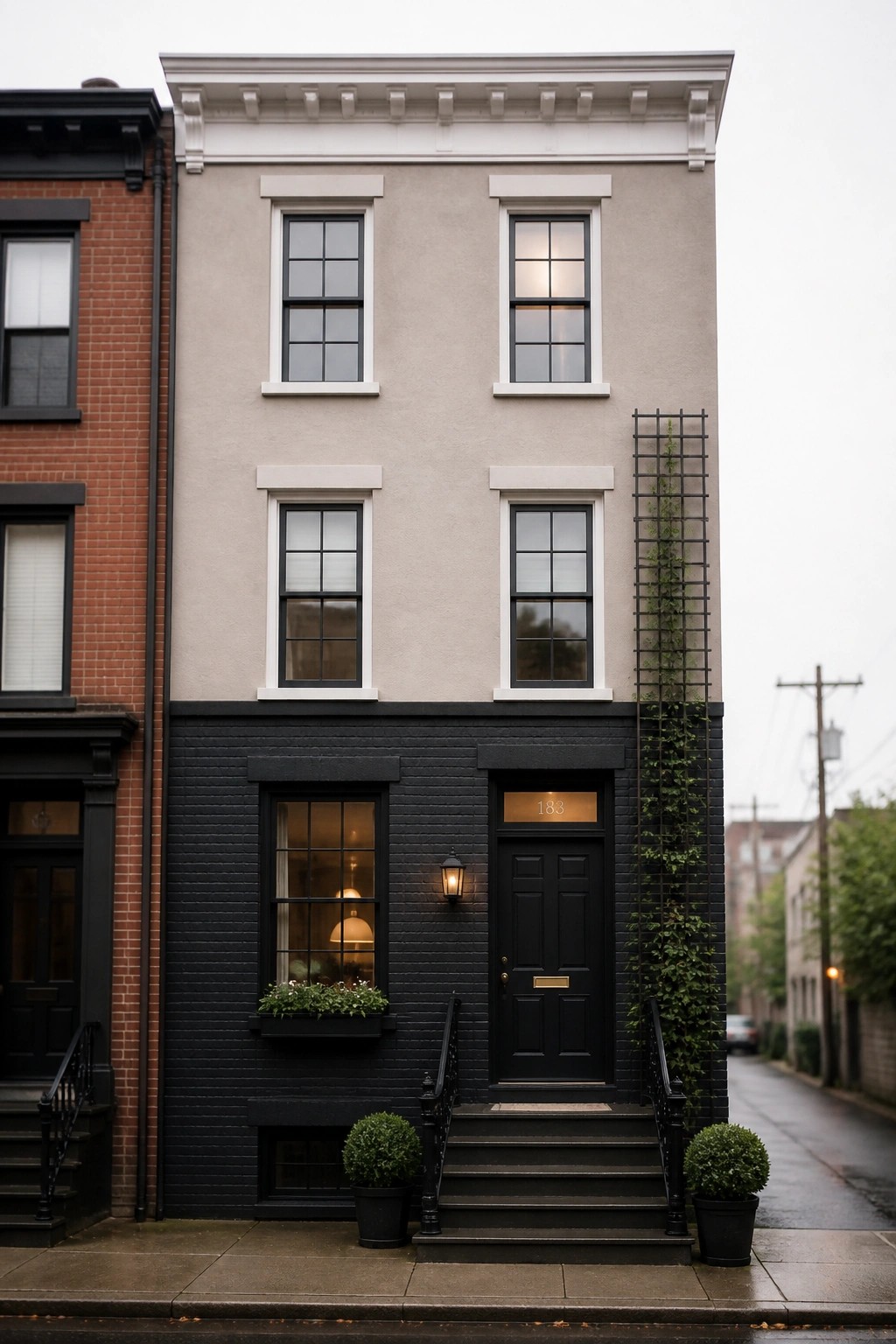 A narrow two-story house with a light beige upper facade and black lower brick section, featuring black-framed windows and a black front door with steps.