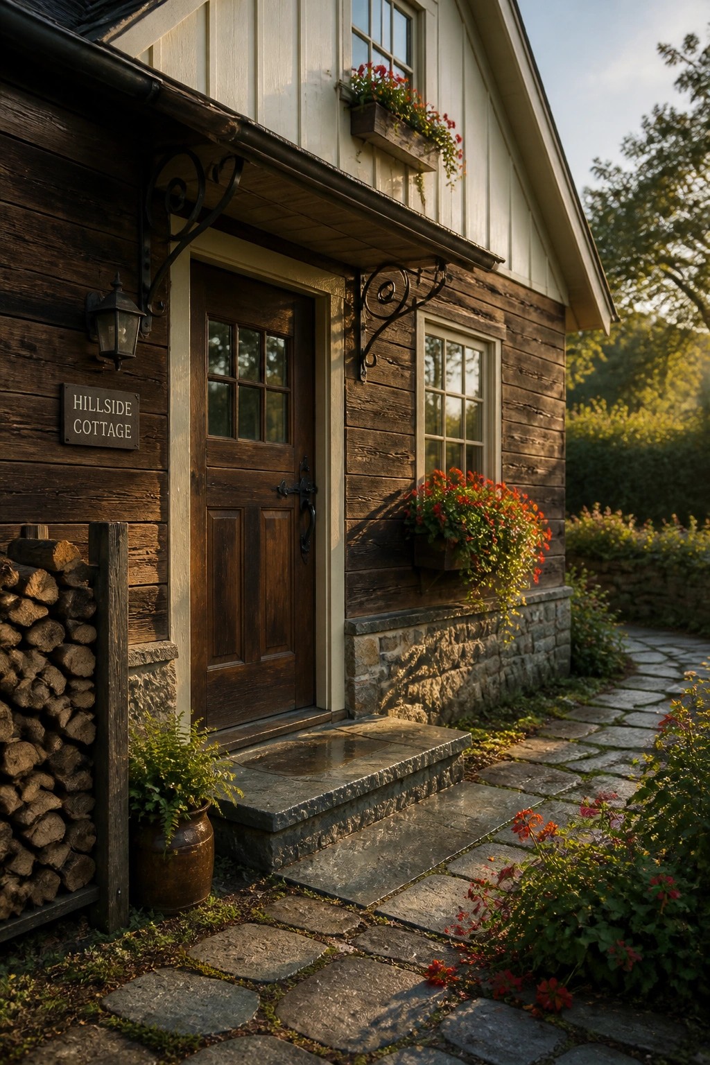 A two story cottage exterior with dark wood siding on the lower half, lighter painted siding above, a dark wooden door, stone foundation, and flower boxes under the windows.
