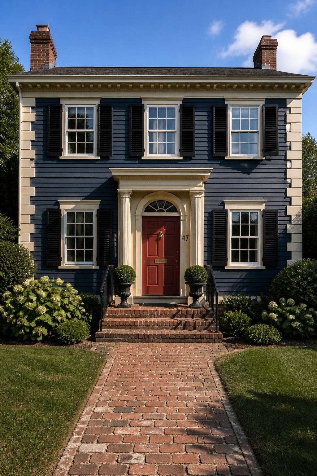 A two-story house with dark blue siding, white trim, black shutters, a red door, and a brick walkway leading to the entrance.