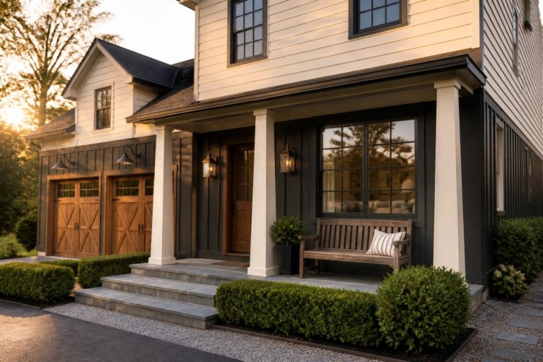 A two-story house exterior with white upper siding, dark lower siding, white porch columns, and a wooden bench on the front porch.