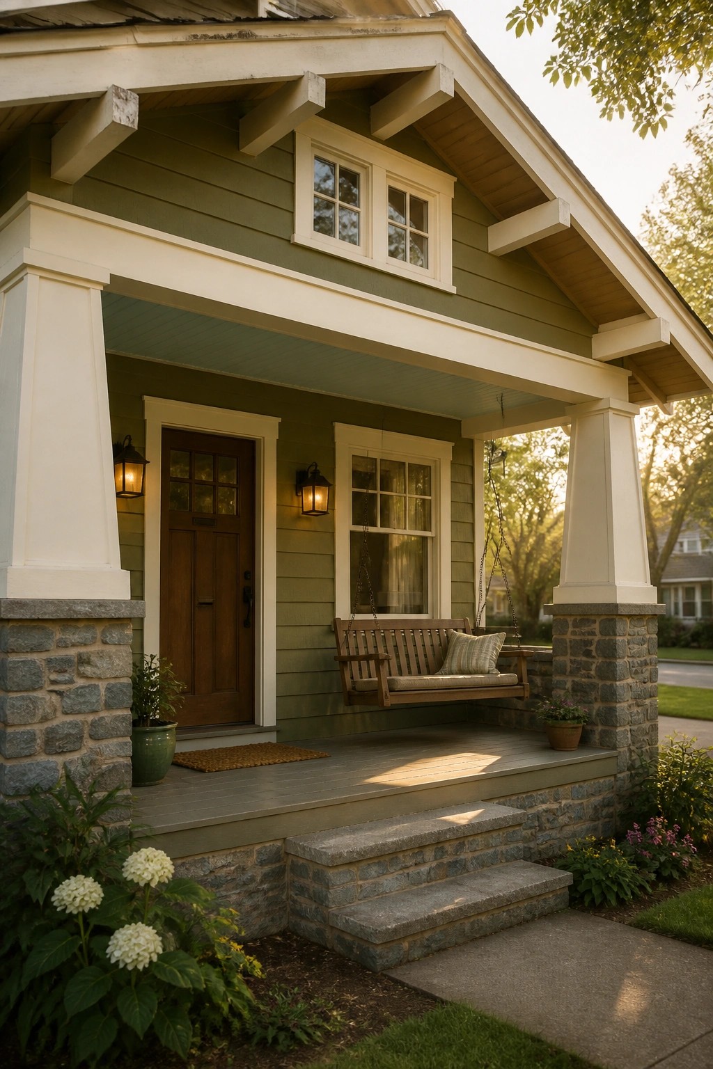 A front porch view of a house with green siding, white trim and columns, a brown wooden door, stone base, and a wooden porch swing.