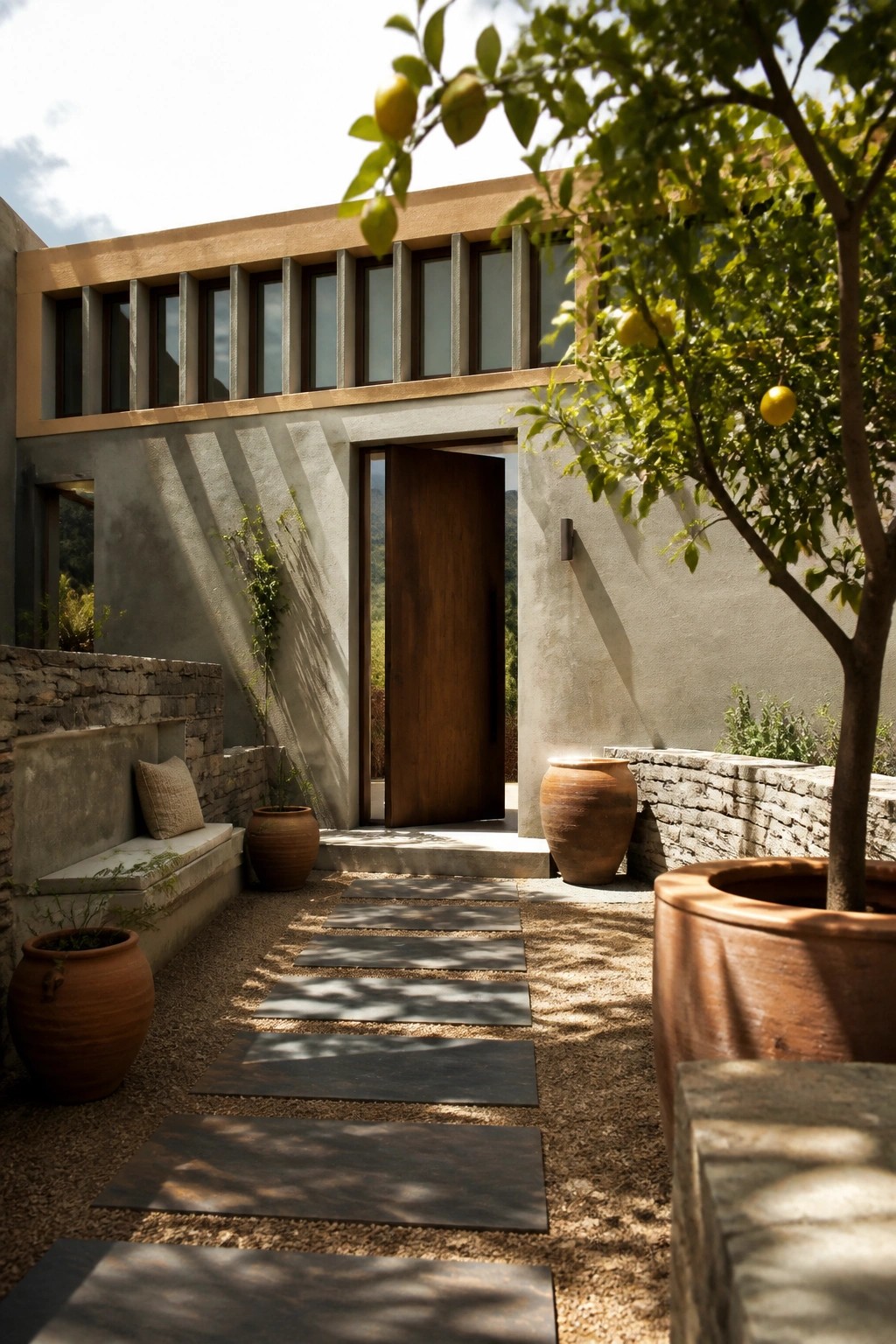 A modern house exterior with a warm beige upper band above gray concrete walls, a wooden entry door, stone accents, and a gravel path lined with potted plants.