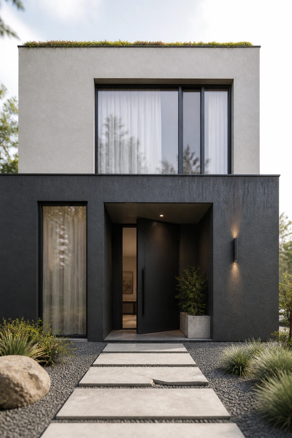 Modern two-story house with light gray upper facade, dark gray lower section, black door and windows, gravel path leading to the entry, and a green roof edge.