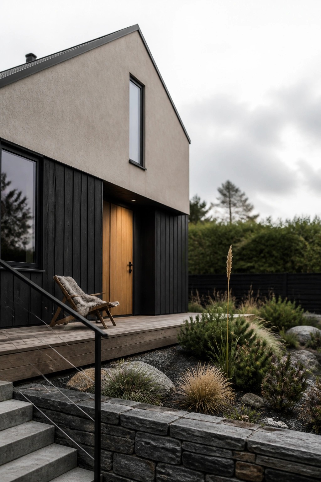 Modern two-story house with light beige upper facade, black vertical siding on the lower half, a wooden front door, and a wooden deck with a chair.