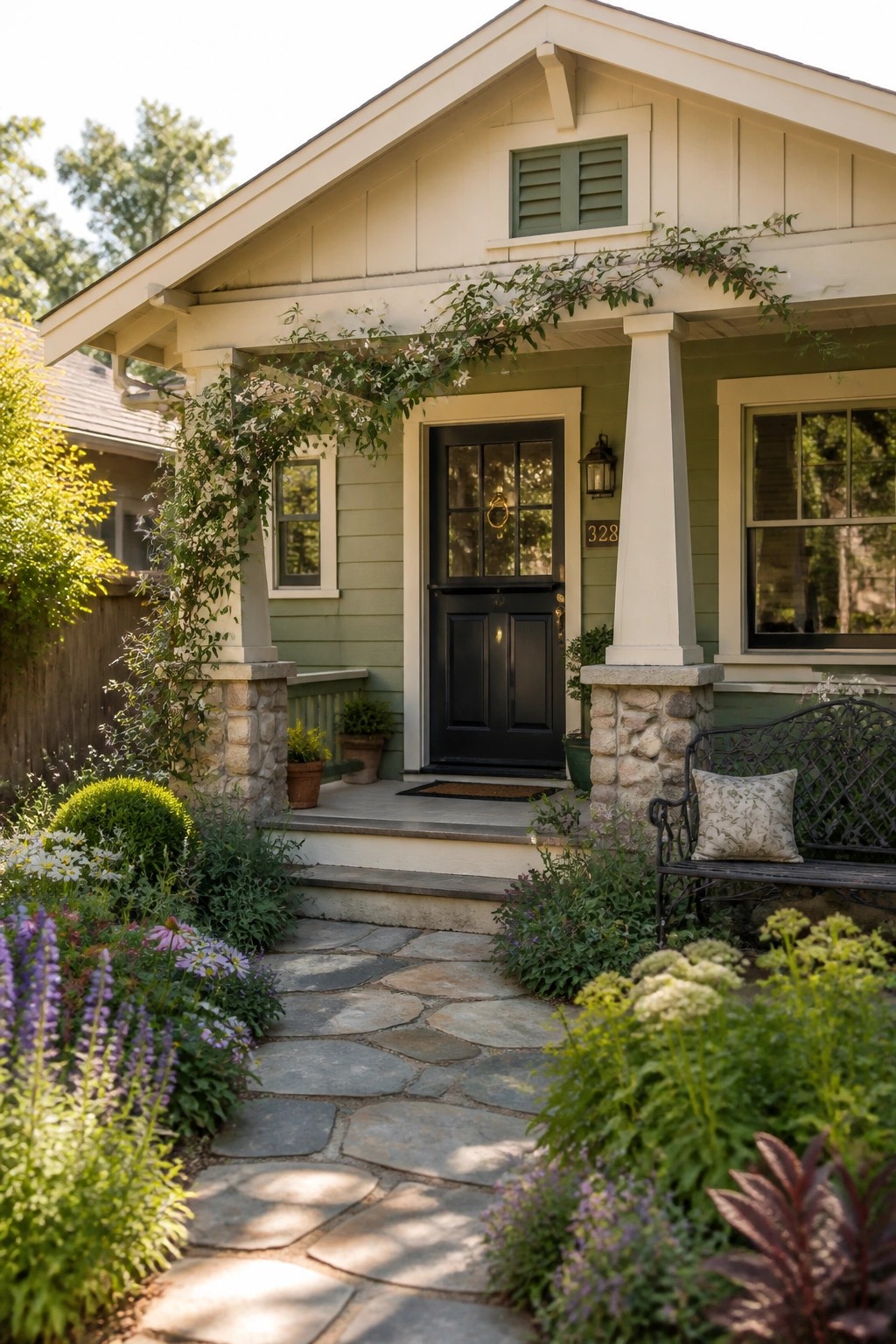 A front view of a house with light cream gable siding over sage green body siding, a black front door, stone porch columns, and a stone pathway leading through garden beds.