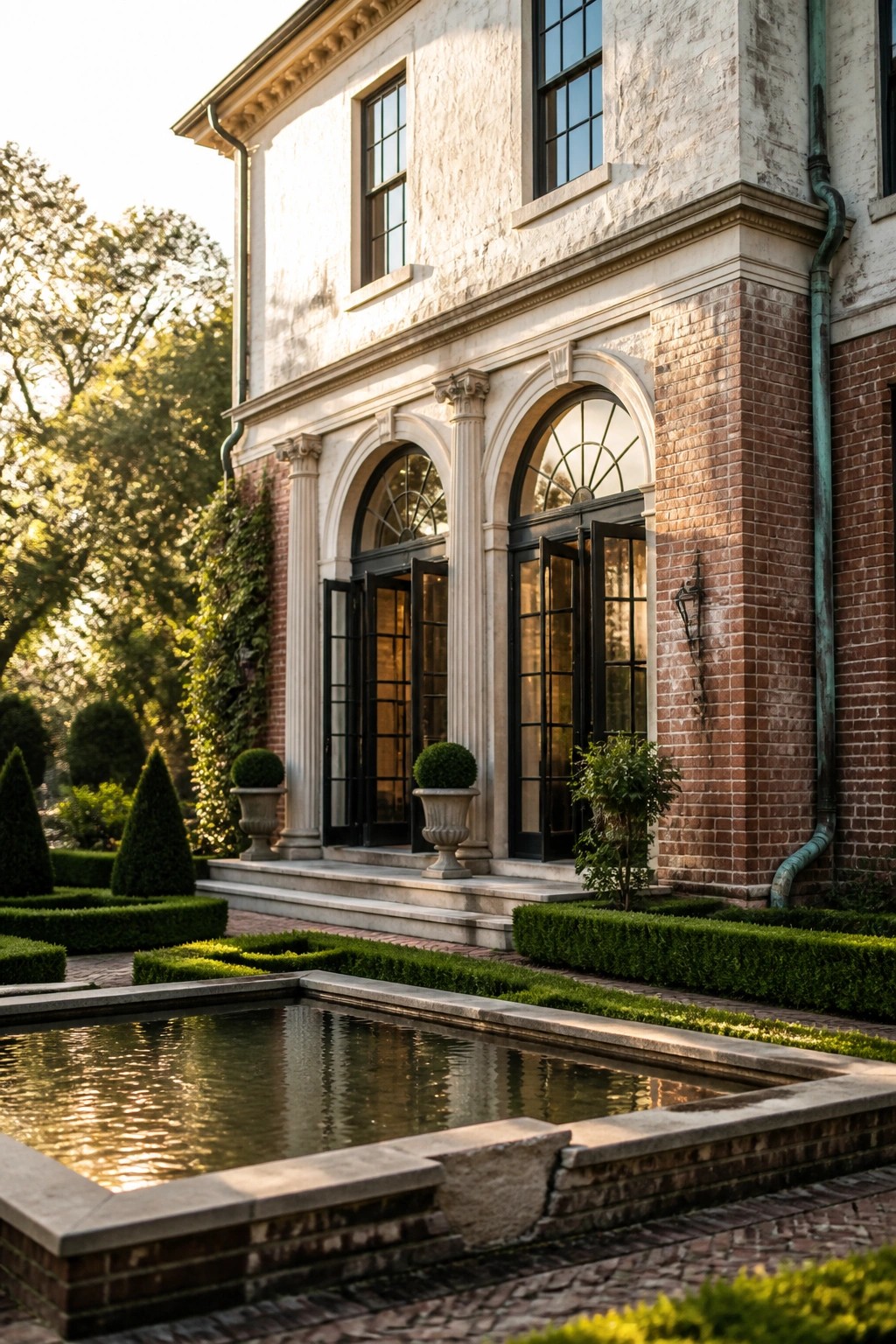 A two-story house exterior showing brick on the right side and light painted stucco on the left, with arched black-framed doors, columns, and a stone reflecting pool in the foreground.
