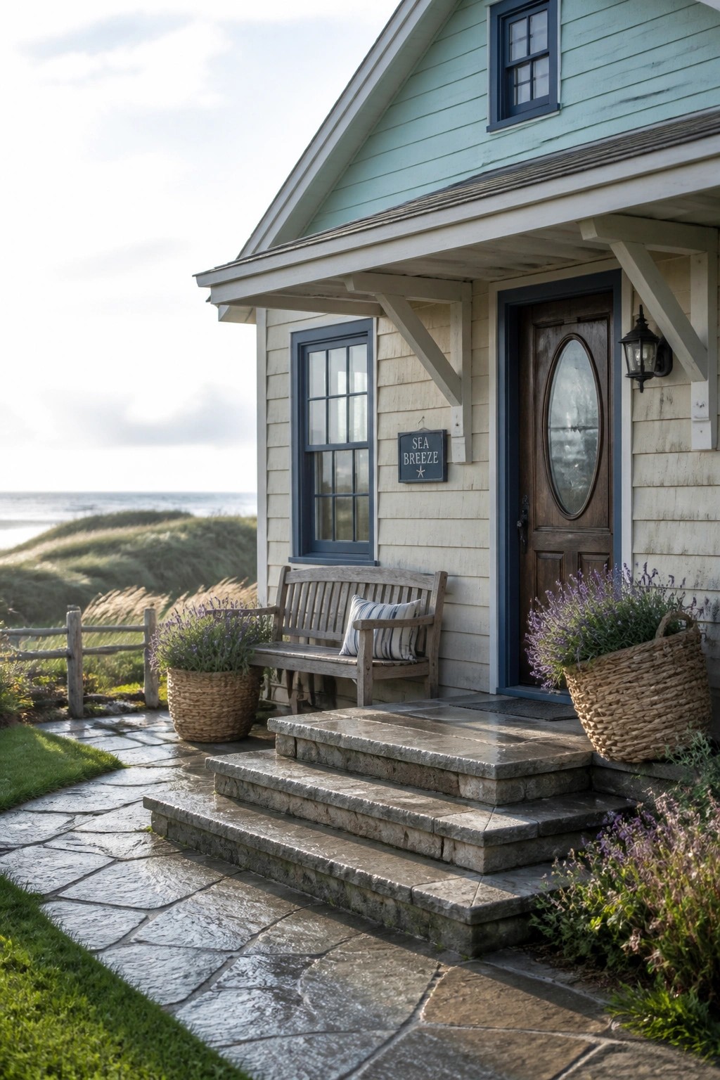A house exterior with light green siding, dark blue window and door trim, a wooden front door, stone steps, and a wooden bench on a stone patio.