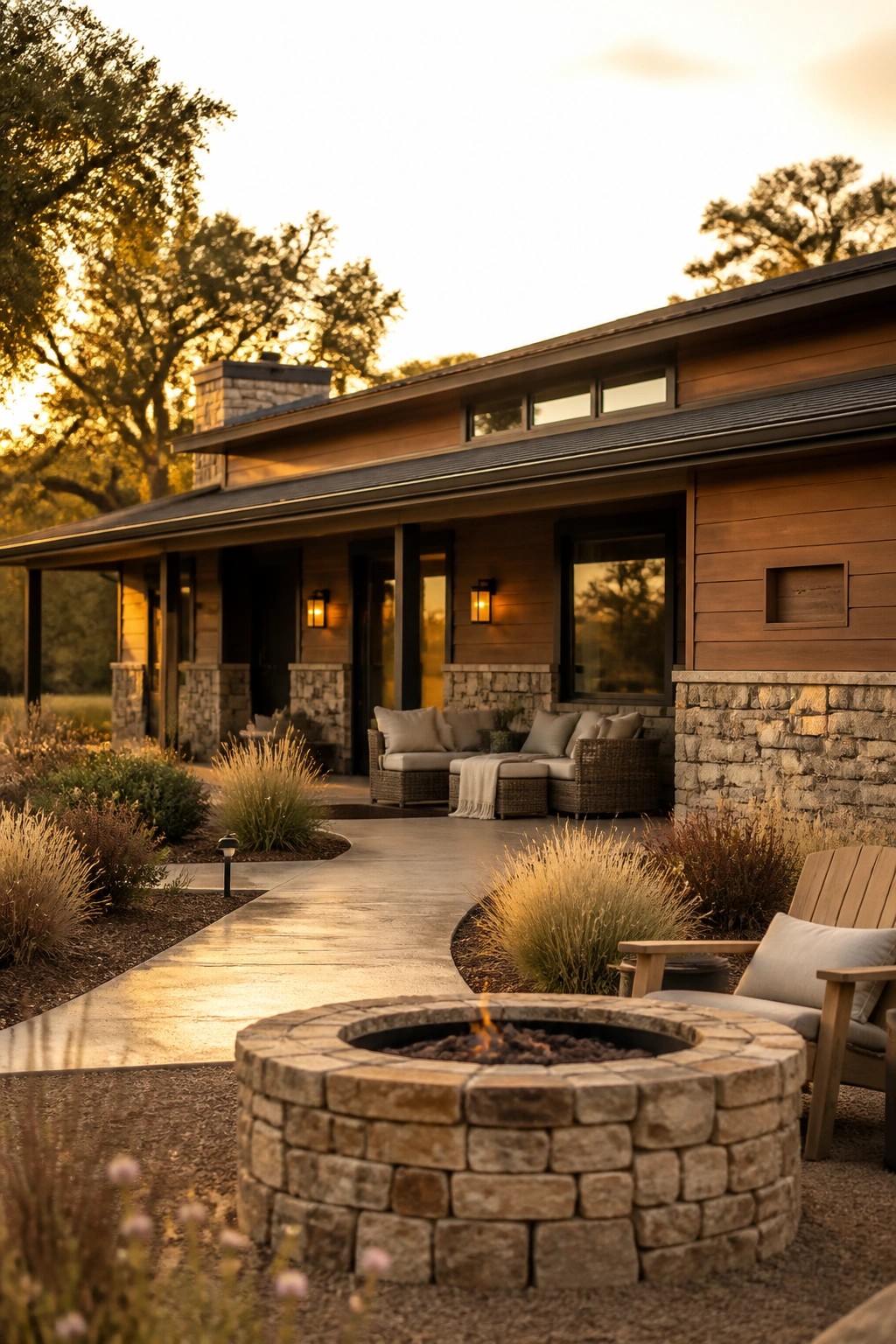 Modern single-story house exterior with horizontal wood siding on the upper walls and stone veneer on the lower walls and columns, featuring a covered patio and a stone fire pit in the foreground.