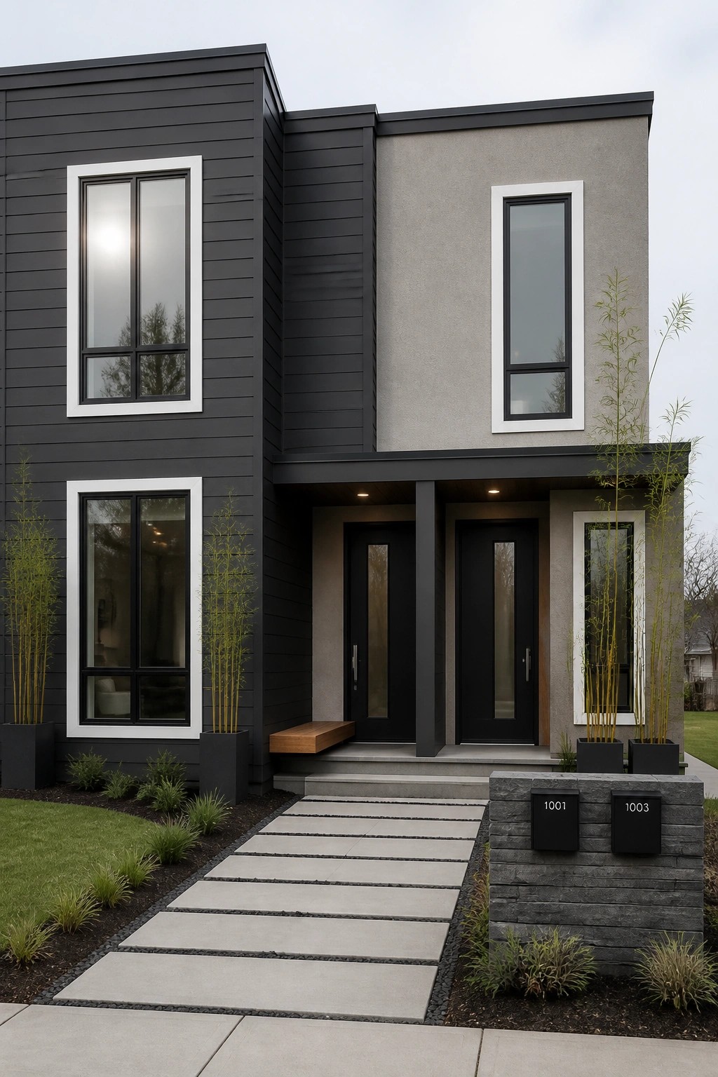 A modern two-story house exterior with dark gray horizontal siding on the left side and light gray stucco on the right, black front doors, and white-framed windows.