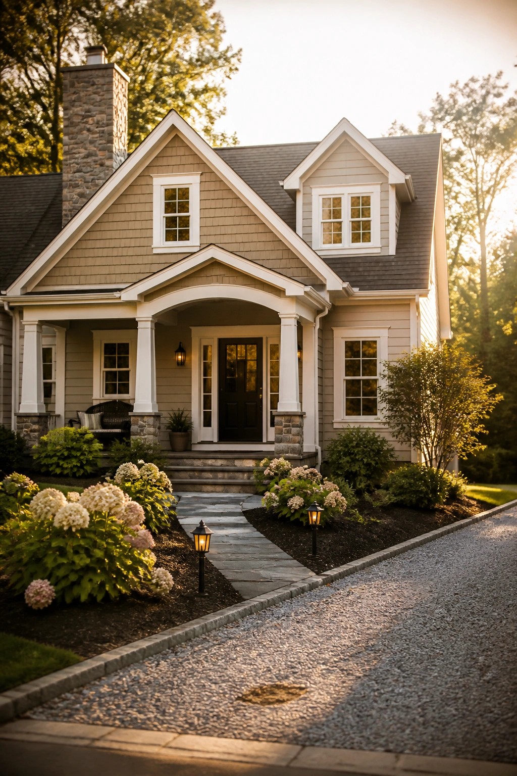 A two-story house with beige shingle siding, white trim, a dark front door under a covered porch, stone columns and chimney, and a stone walkway lined with shrubs.