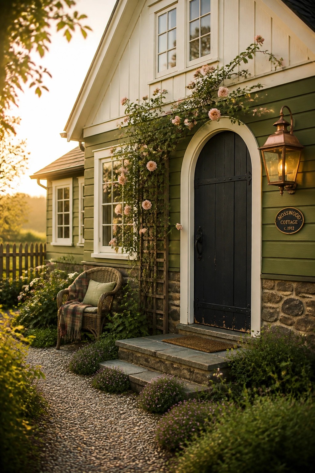 Green cottage with black door, climbing roses, wicker chair, and lit lantern