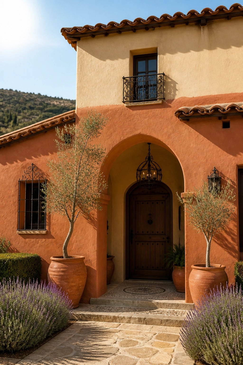 A two-story stucco house exterior with warm orange lower walls and lighter peach upper walls, terracotta tile roof, arched wooden entry door, and large terracotta pots with olive trees.