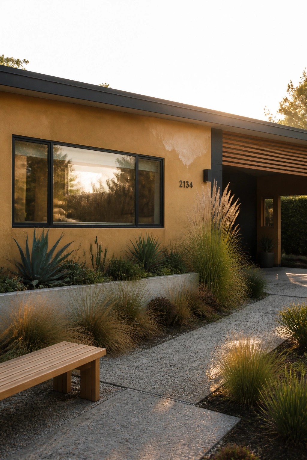 A single-story house with yellow stucco walls, black window frames, dark roof trim, and a concrete walkway bordered by ornamental grasses.