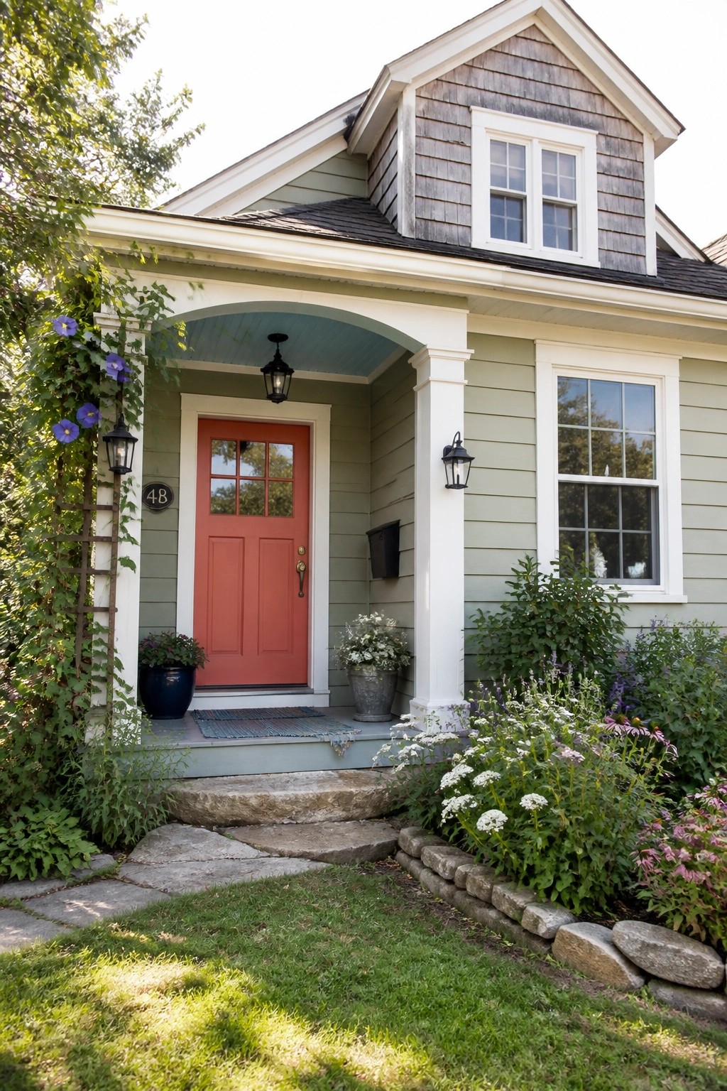 A light green house exterior with a coral red front door, white trim, an arched porch ceiling, and stone steps leading to the entrance.