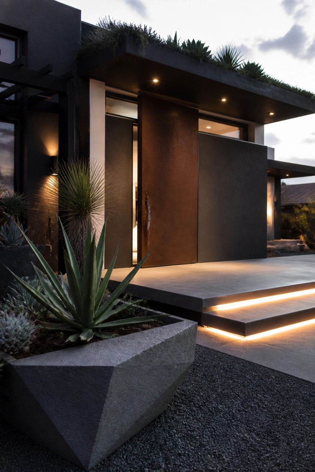 Modern house entrance with large metal door, lit concrete steps, and agave plants.