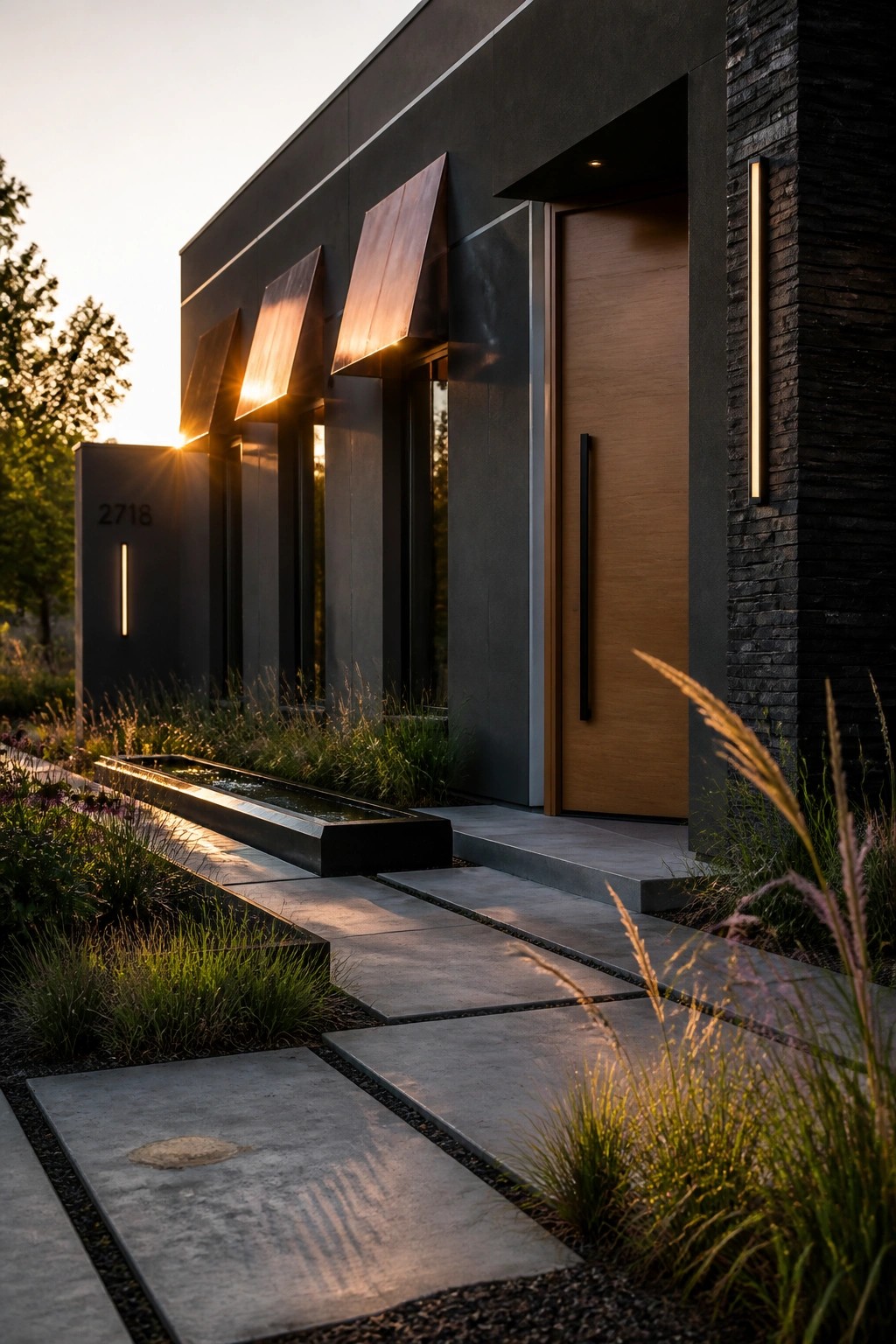 Modern dark gray house exterior with wood front door, copper awnings over windows, stone accent wall, and concrete walkway with landscaping.