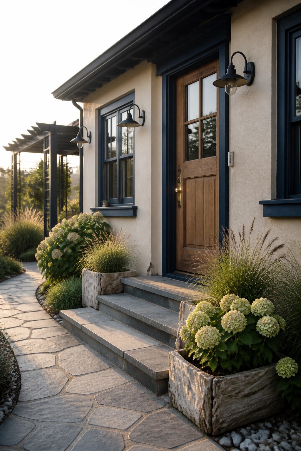 Front exterior of a house with light beige walls, dark blue trim around the door and windows, a wooden front door, stone steps, and potted hydrangeas beside a stone path.