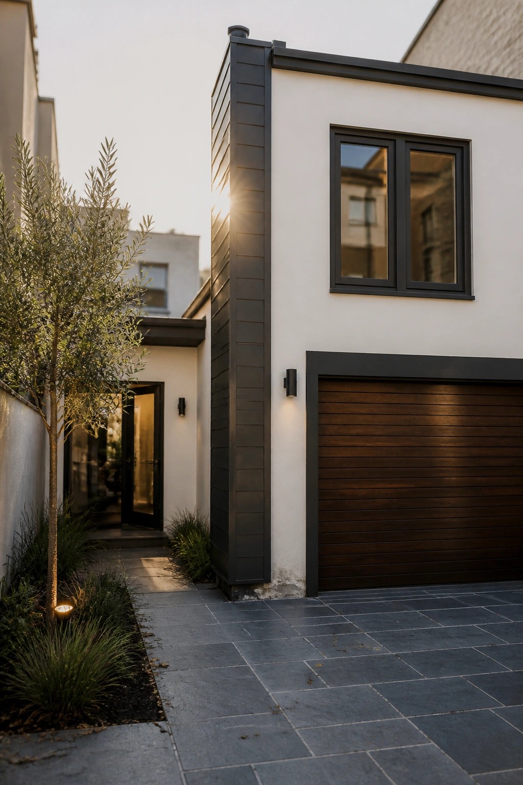 Modern white house exterior with black window frames, dark vertical siding accent, wooden garage door, and paved driveway.