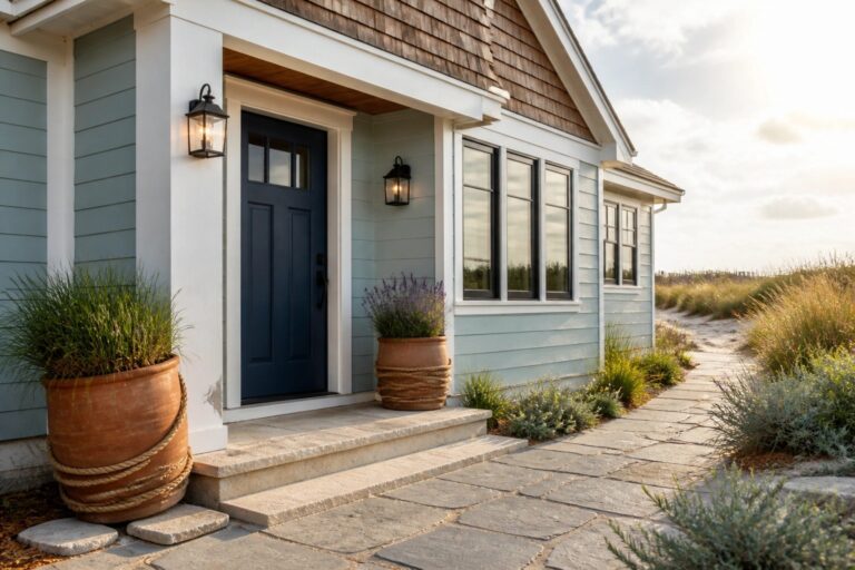 A light blue house exterior with white trim, a dark blue front door, two black lanterns, and potted plants beside the entry steps.
