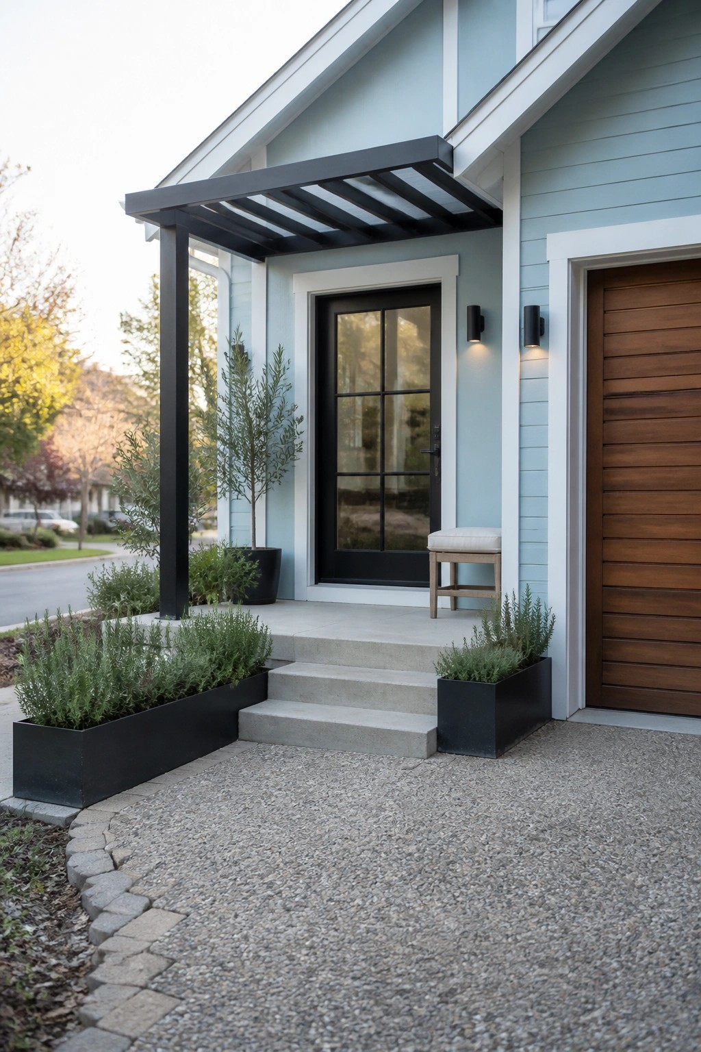 Light blue house exterior with white trim, black front door, black metal overhang, concrete steps, and black planters along the entry.