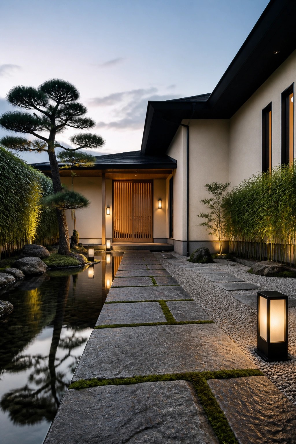 Modern house exterior with light beige walls, black roof and trim, wooden entry door, and stone pathway beside a pond with trees and lanterns at dusk.