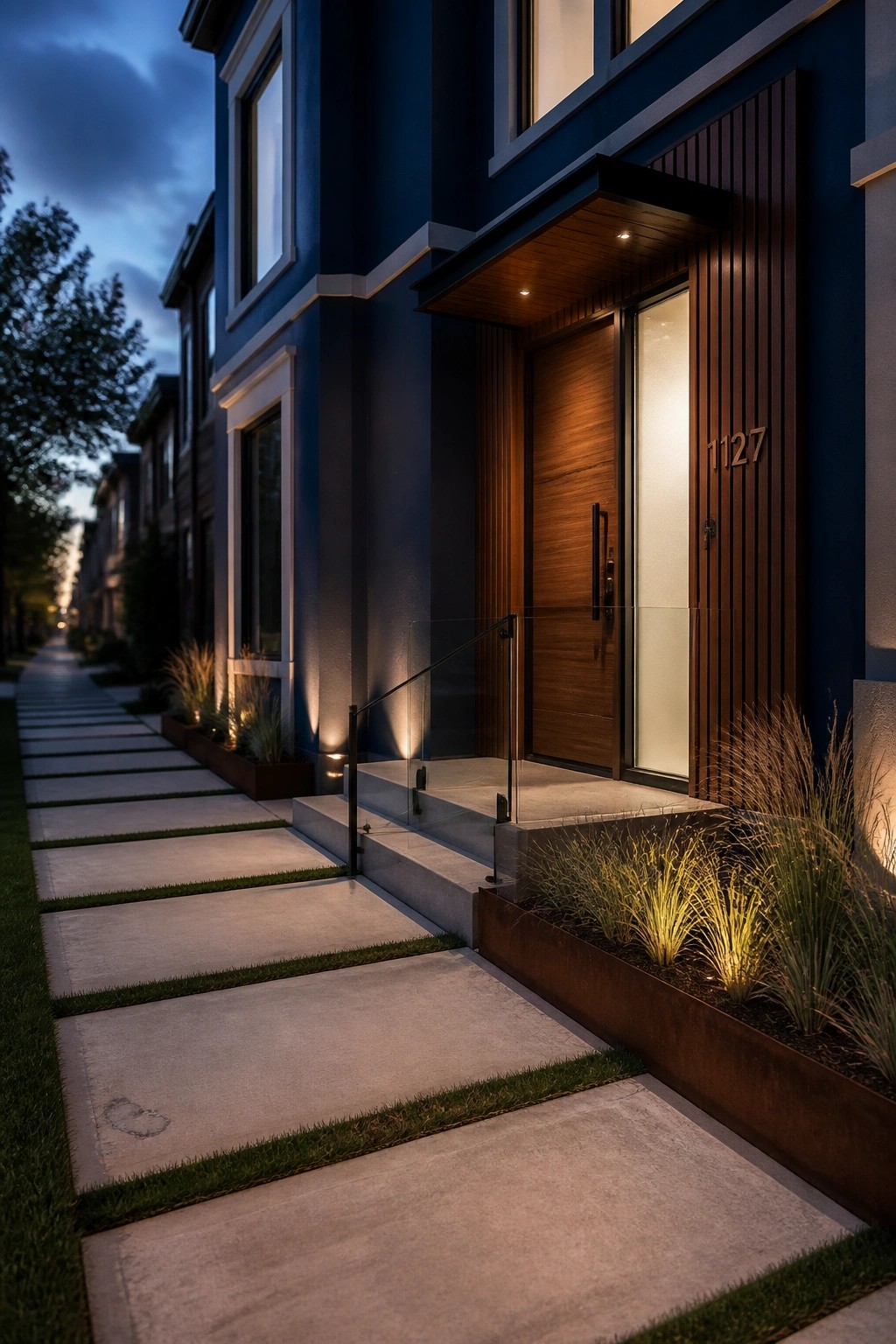 A modern house with dark blue siding, a wooden front door, concrete steps with glass railing, and a concrete walkway lined with plants at dusk.