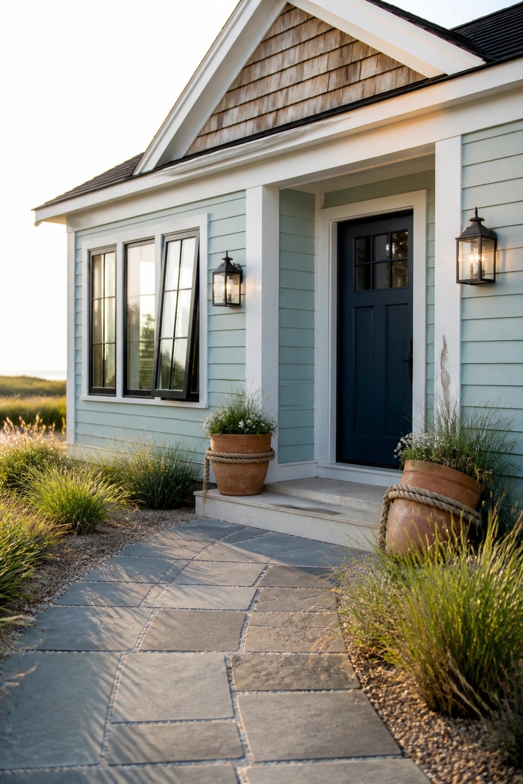 A light blue house exterior with white trim, a dark blue front door, two black lanterns, and potted plants beside the entry steps.