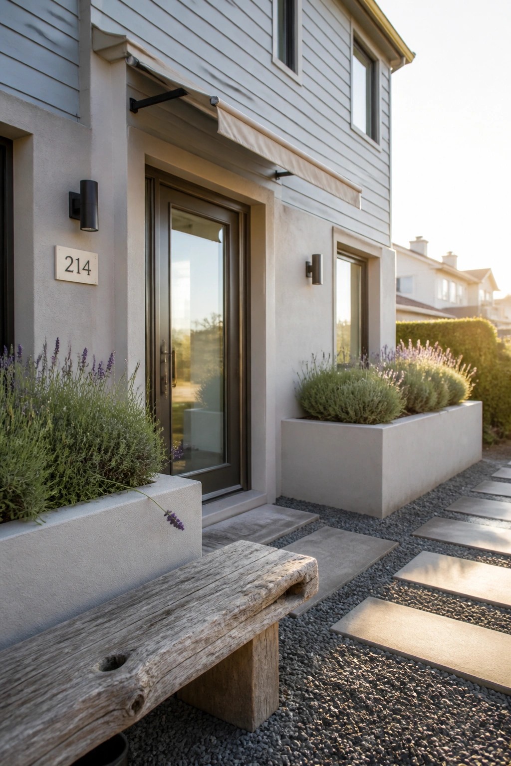 Modern house exterior with light gray siding, dark-framed glass door, concrete planters holding lavender, gravel path with stepping stones, and a wooden bench in front.