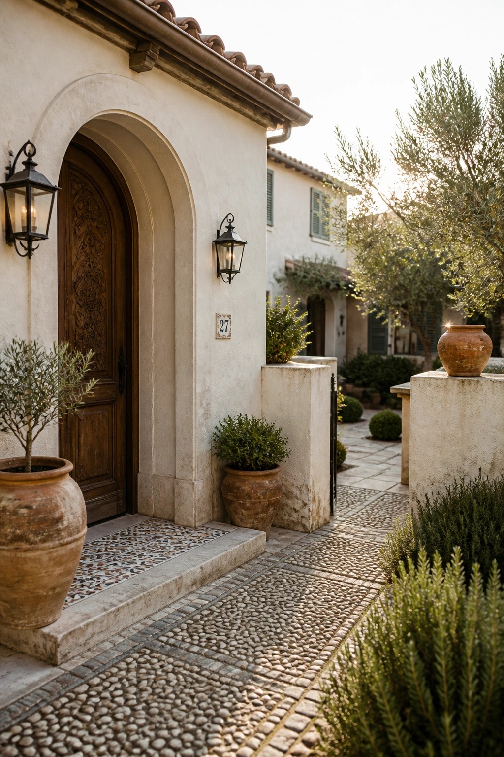 A Mediterranean-style house entrance with light stucco walls, an arched wooden door, black lanterns, terracotta pots, and a cobblestone pathway.