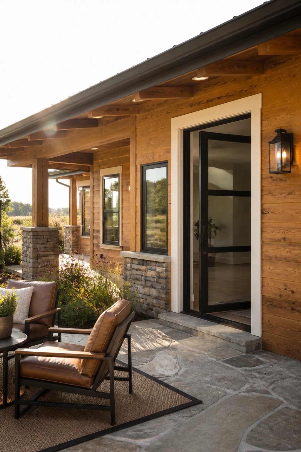 A modern house exterior with horizontal wood siding, white trim, black-framed windows and door, stone accents at the base, and a covered porch with outdoor seating.