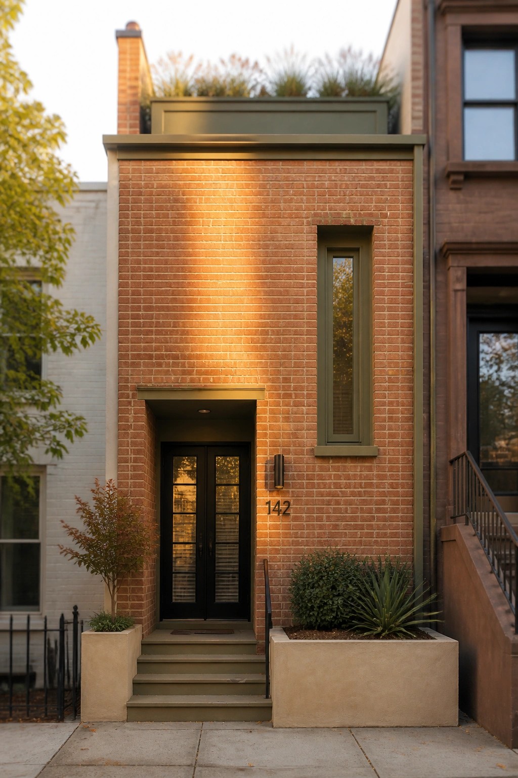 A narrow red brick house with olive green trim around the door and windows, a black double door, concrete planters, and three steps leading to the entrance.