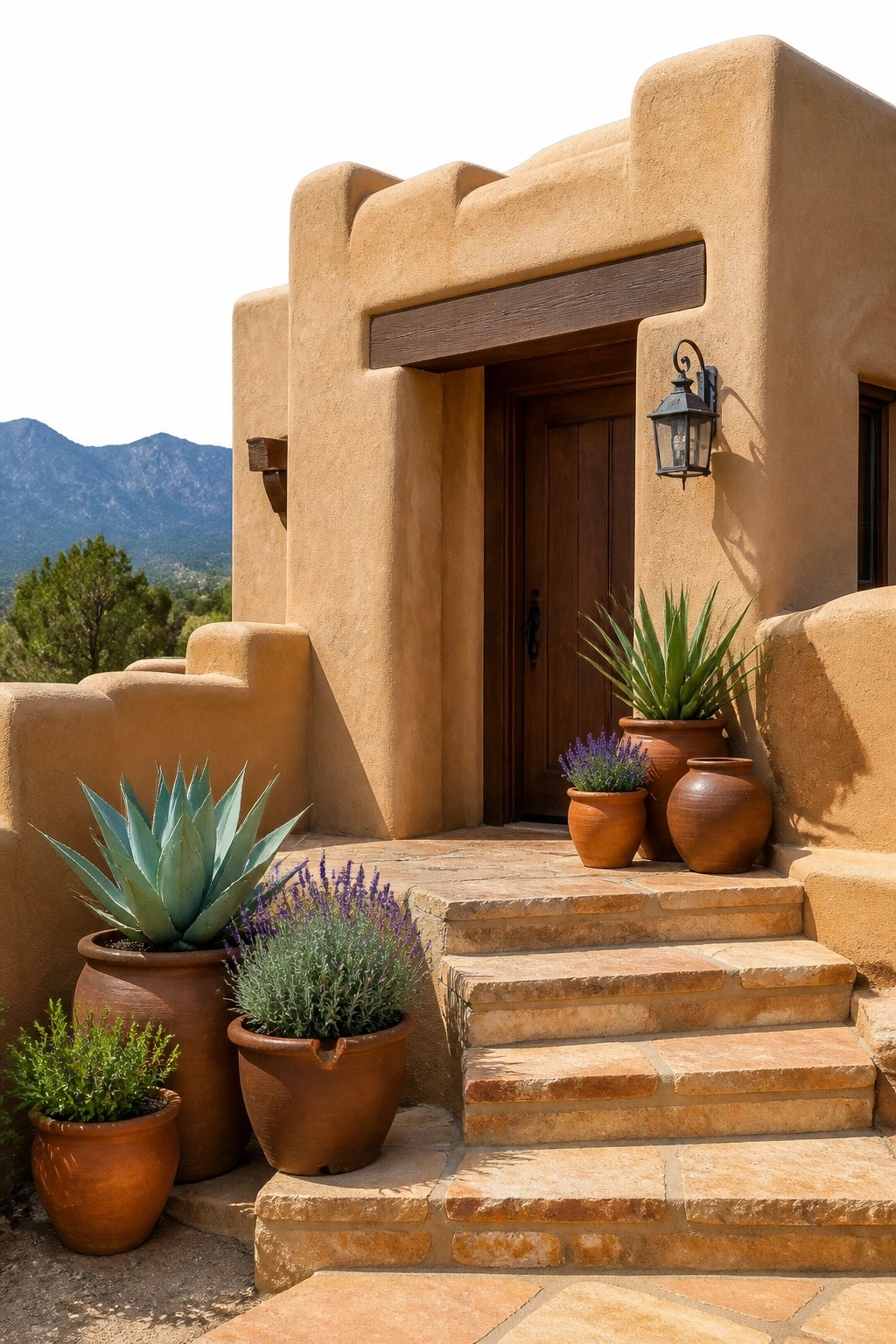 A stucco house entrance featuring a wooden door, stone steps, a wall-mounted lantern, and multiple terracotta pots with green and flowering plants.