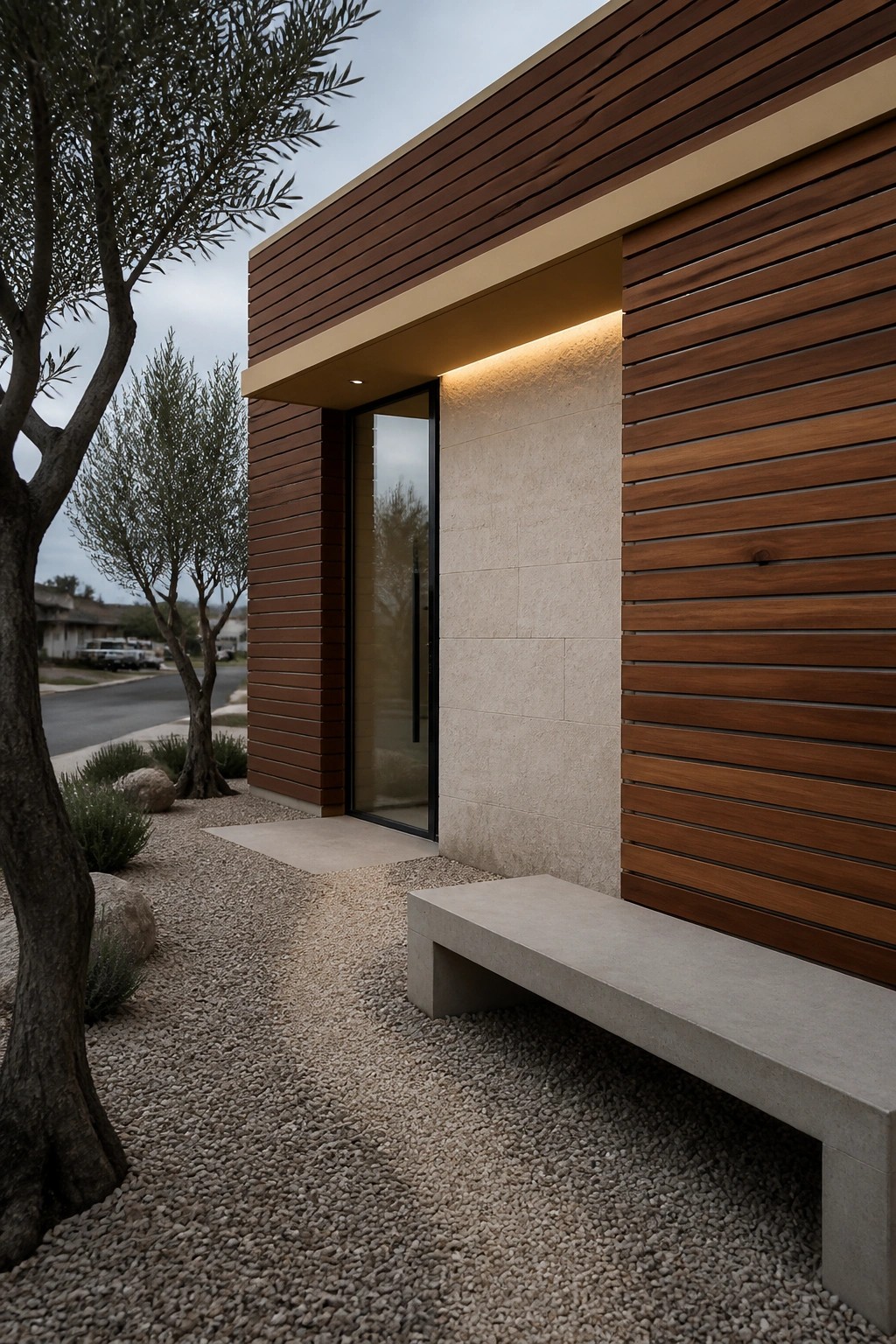 Modern building with brown wood slats, stone wall, lit glass door, and concrete bench.