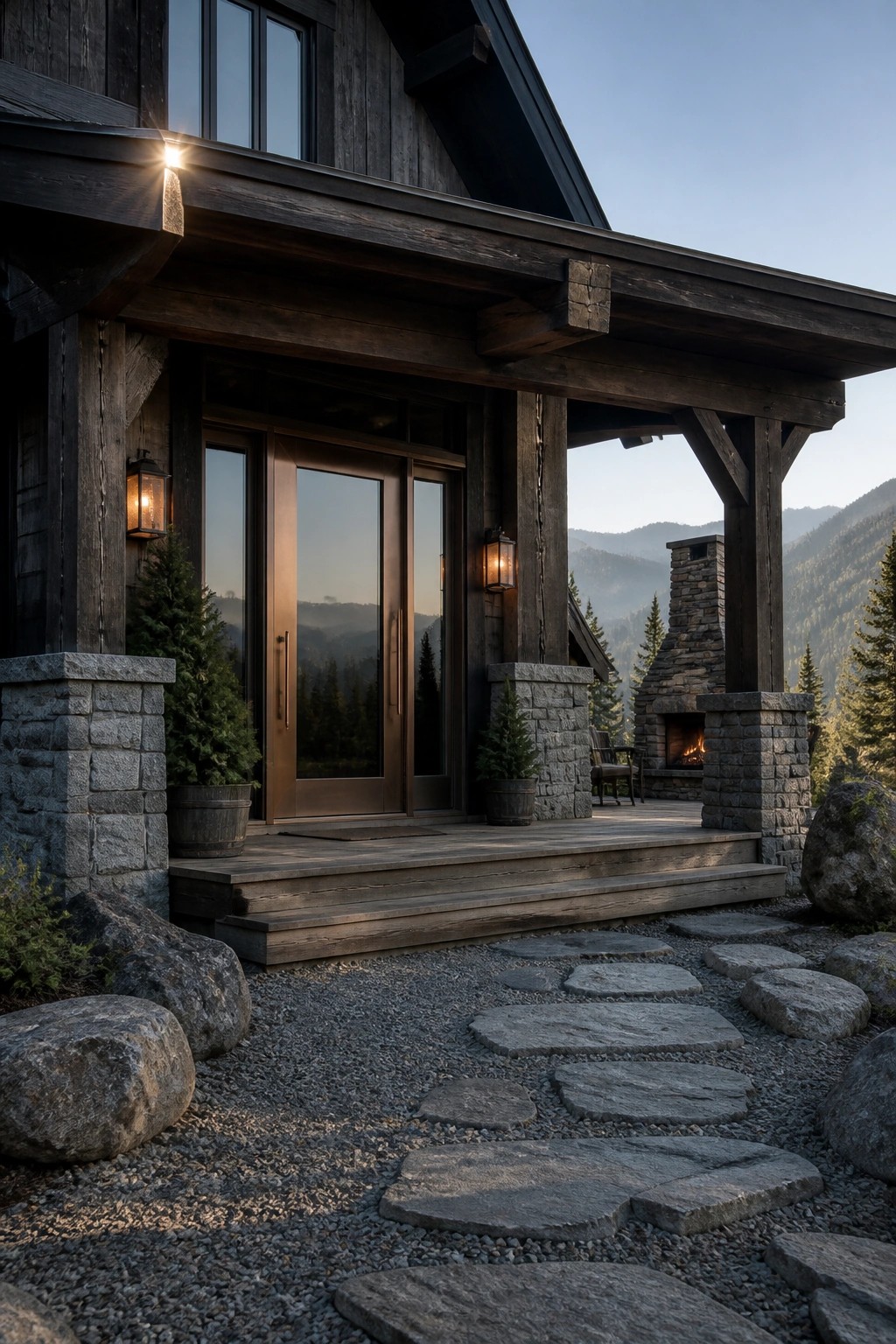 A dark wooden house exterior with stone pillars, a covered wooden porch, double front doors, and a stone pathway leading to the entrance.