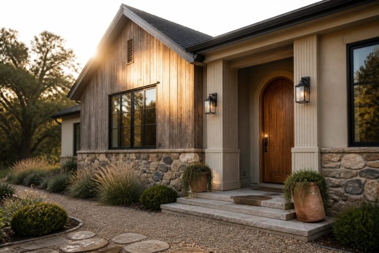 23 Natural Earth Tone Exterior Colors Built Around Wood, Stone, Clay, and Warm Trim A house exterior with vertical wood siding, a stone foundation, an arched wood door, black-framed windows, and a gravel path lined with shrubs and terracotta pots.