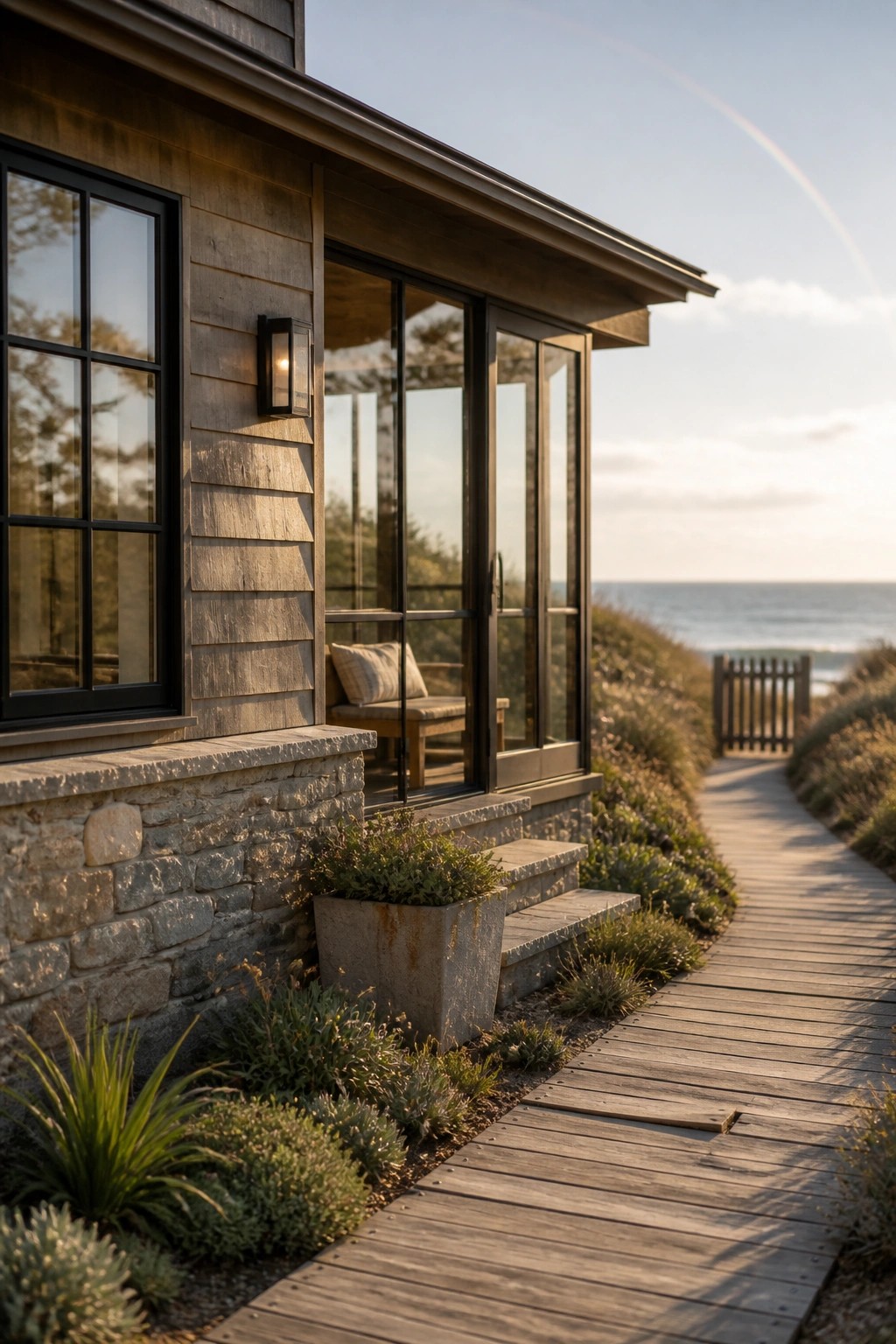 A wooden house with stone foundation, black-framed windows, a lit wall sconce, and a wooden boardwalk path running beside coastal plants toward the ocean.