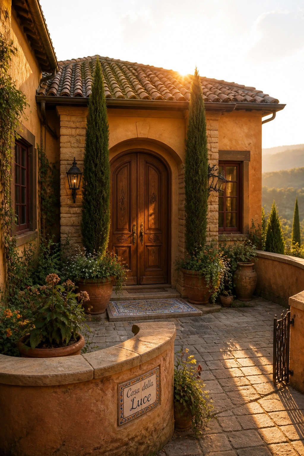 A house entrance featuring a wooden double door set in a stone archway on a warm stucco facade, with terracotta pots and tall shrubs along a stone path.