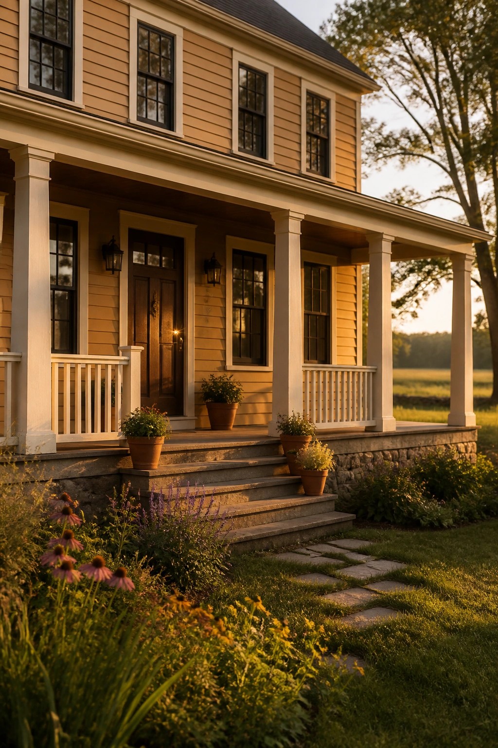 A two-story house with tan siding, white trim and columns, a stone foundation, wooden front door, and potted plants along the porch steps.